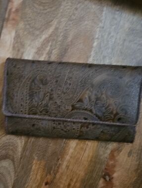 Embossed Relic Floral Leather Wallet - Dark Brown